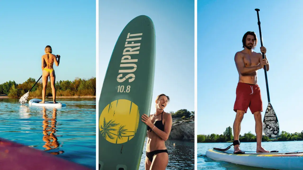 Frauen und Männer genießen SUP-Geschwindigkeit auf dem Wasser. Ein Mann mit roter Badehose und eine Frau im Bikini auf ihren Boards.