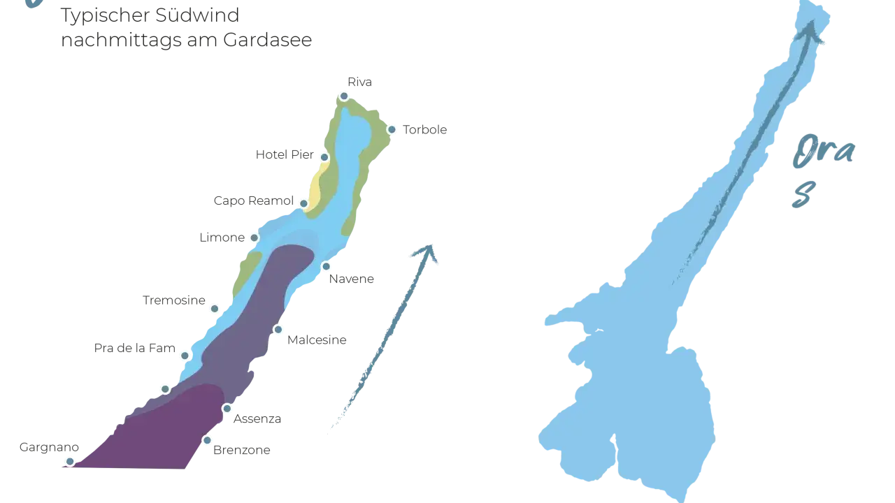 Karte zeigt den typischen Südwind "Ora" am Gardasee nachmittags. Farbige Zonen deuten Windstärken an.