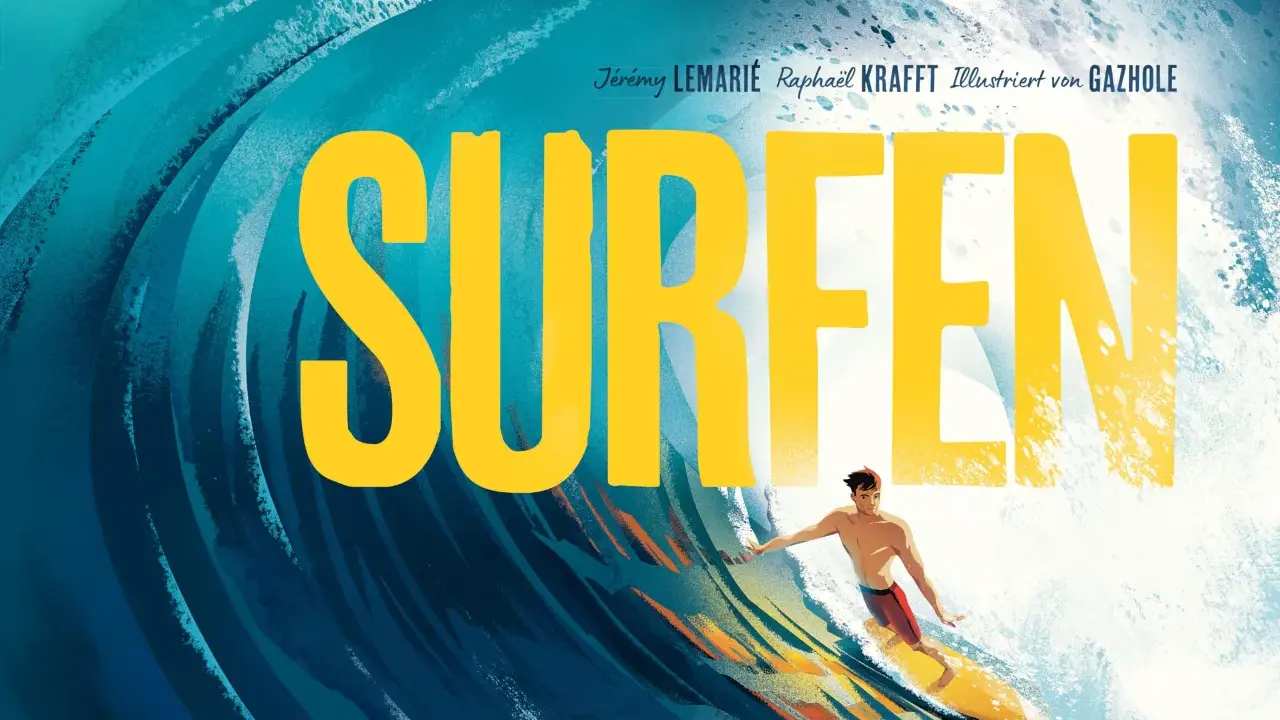 Ein junger Mann surft auf einer riesigen Welle, er ist der beste Surfer der Welt. Gelbe Schrift "SURFEN" dominiert das Bild.
