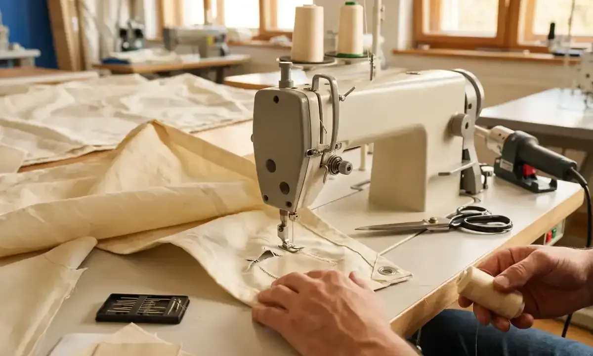 Hände arbeiten an einer Nähmaschine, um ein Segel auszubessern. Nadeln, Schere und Garn liegen bereit.