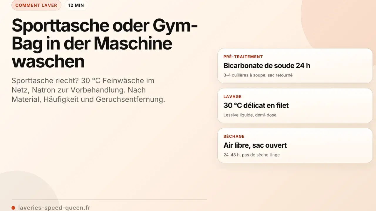 Anleitung zum Sporttasche waschen: Feinwäsche bei 30°C, Natron zur Vorbehandlung, dann lufttrocknen.