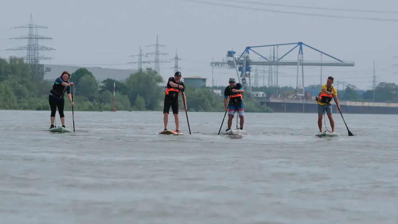 Vier Personen genießen SUP am Rhein. Im Hintergrund sind Strommasten und ein Kran zu sehen.