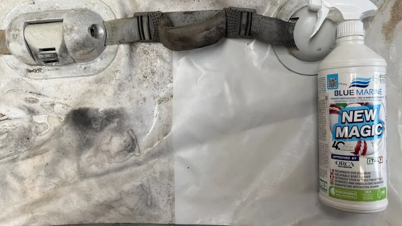 Schlauchbootpflege: Vorher-Nachher-Vergleich zeigt die Wirkung von "New Magic". Ein Hausmittel für strahlende Sauberkeit.