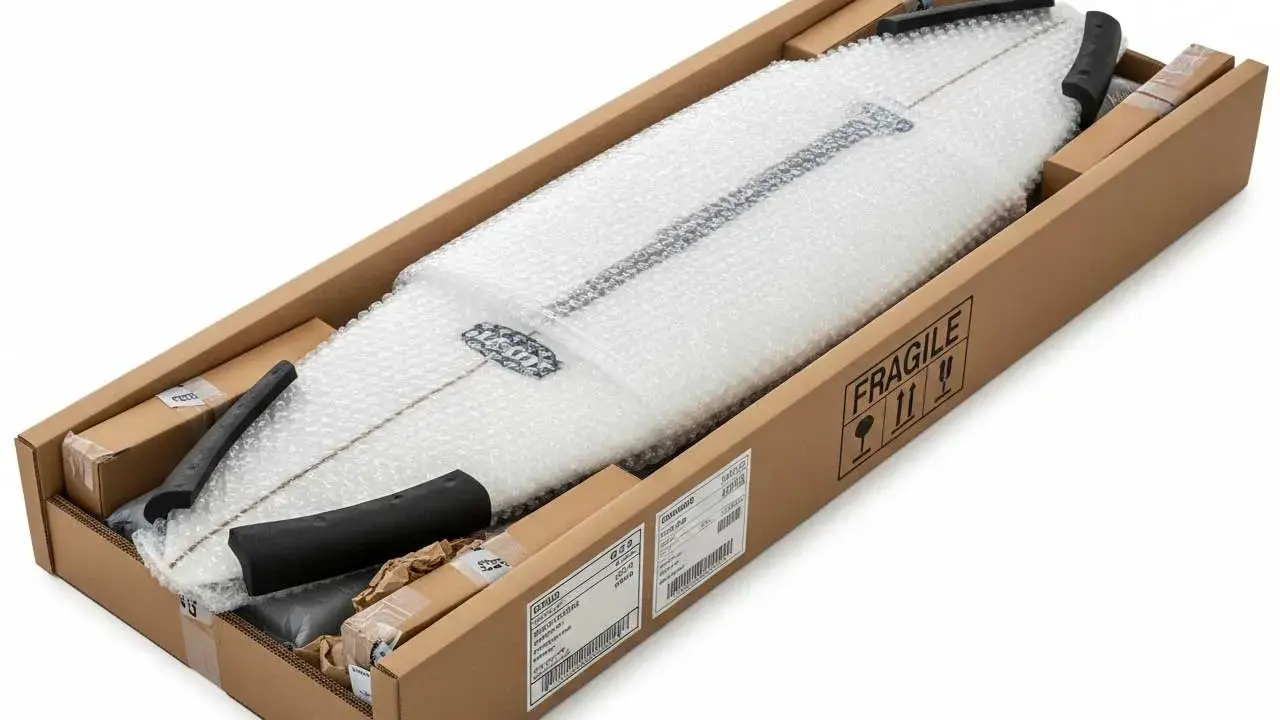Ein weißes Surfbrett, sicher verpackt in Luftpolsterfolie und einem Karton, bereit zum Surfbrett versenden. Der Karton ist mit "FRAGILE" gekennzeichnet.