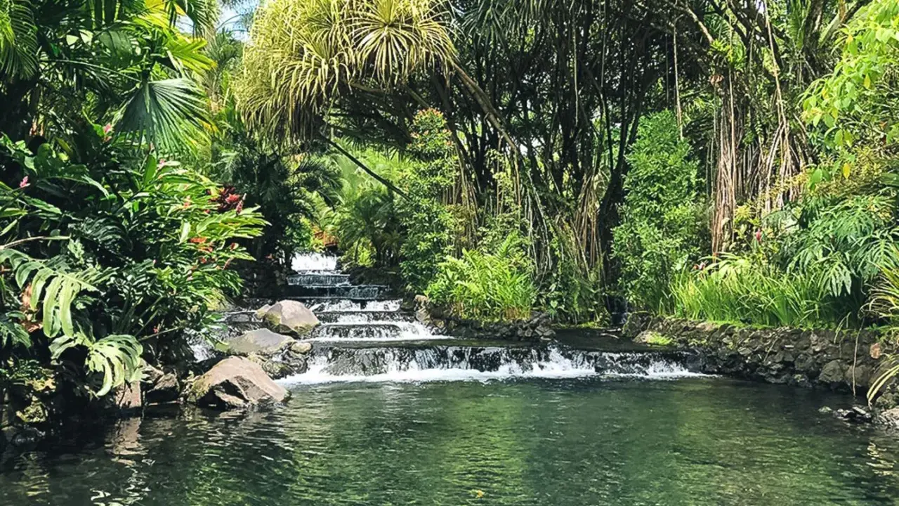 Ein üppiger Wasserfall fließt in den Arenal See, umgeben von tropischer Vegetation und hängenden Wurzeln.