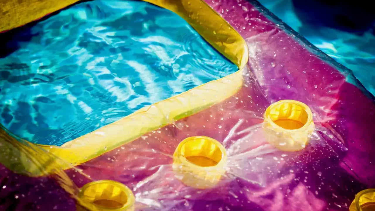 Bunte Luftmatratze mit Becherhaltern im Wasser, bereit zum Luftmatratze flicken.