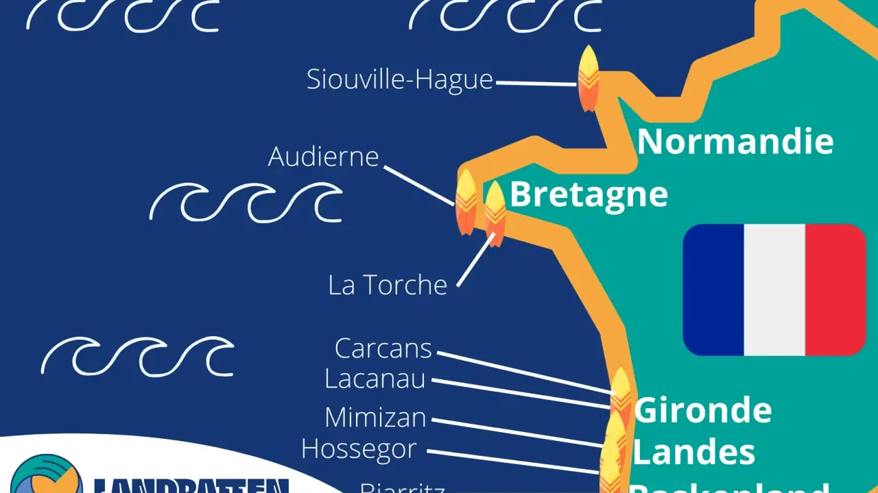 Surfspots Frankreich Karte: Normandie, Bretagne & Baskenland mit Hotspots wie Siouville, Audierne, La Torche, Hossegor & Biarritz.