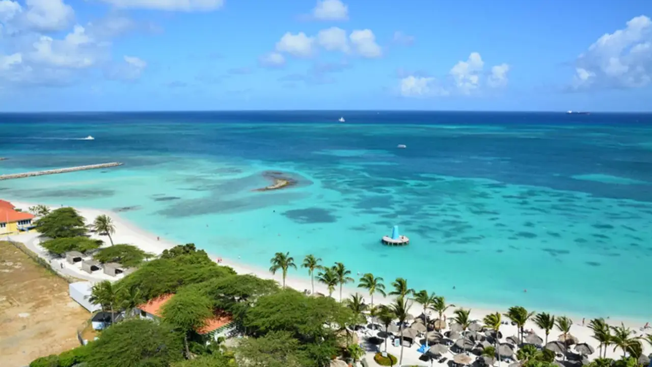 Traumhafter Strand mit Palmen und türkisfarbenem Wasser. Ein Ort wie Aruba oder Curacao, perfekt für einen Urlaub.