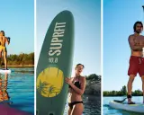 Frauen und Männer genießen SUP-Geschwindigkeit auf dem Wasser. Ein Mann mit roter Badehose und eine Frau im Bikini auf ihren Boards.