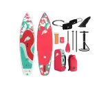 Zwei SUP-Boards mit Blumenmuster, Paddel, Pumpe, Leine und Taschen. Ob Doppelkammer oder nicht, dieses Set ist bereit für das Wasser!