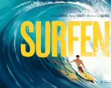 Ein junger Mann surft auf einer riesigen Welle, er ist der beste Surfer der Welt. Gelbe Schrift "SURFEN" dominiert das Bild.