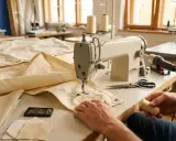 Hände arbeiten an einer Nähmaschine, um ein Segel auszubessern. Nadeln, Schere und Garn liegen bereit.