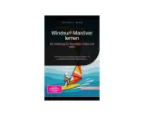 Anleitung zum Windsurfen lernen: Schotstart, Halse und mehr. Ein Windsurfer auf einem Brett mit buntem Segel, bereit für Manöver wie die Halse.