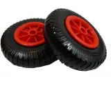 Zwei Räder mit roten Felgen und schwarzen Reifen, ideal für einen sup board trolley.