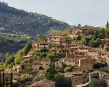 Mallorquinisches Dorf mit Steinhäusern und Terrassen an einem bewaldeten Hang.