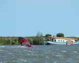 Windsurfen Holland: Ein Surfer gleitet über das Wasser, während ein Hausboot am Ufer liegt.