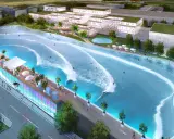 Surfer genießen die künstliche welle in Hallbergmoos. Moderne Gebäude und eine belebte Promenade säumen das Surfbecken.