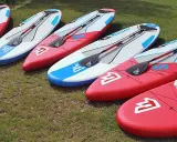 Bereit für einen SUP Trip in Potsdam? Mehrere bunte Boards liegen bereit.