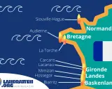 Surfspots Frankreich Karte: Normandie, Bretagne & Baskenland mit Hotspots wie Siouville, Audierne, La Torche, Hossegor & Biarritz.