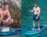 Mann auf SUP mit Jetantrieb, bereit für ein schnelles Abenteuer auf dem türkisfarbenen Meer.