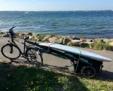 Fahrradanhänger mit Surfbrett und Paddel am Seeufer, bereit für ein Abenteuer auf dem Wasser.