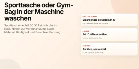 Anleitung zum Sporttasche waschen: Feinwäsche bei 30°C, Natron zur Vorbehandlung, dann lufttrocknen.