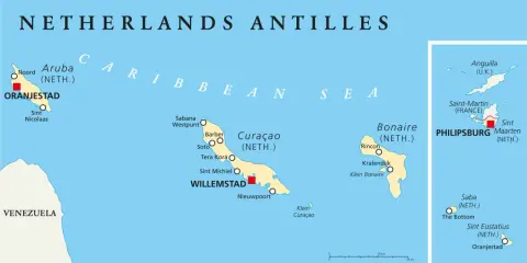 Karte der ABC Inseln Karibik: Aruba, Bonaire, Curaçao und weitere niederländische Antilleninseln.