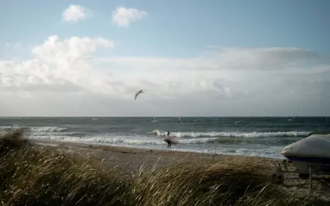 Ein Surfer mit Brett am Strand von Fehmarn, Möwen kreisen über dem Meer.