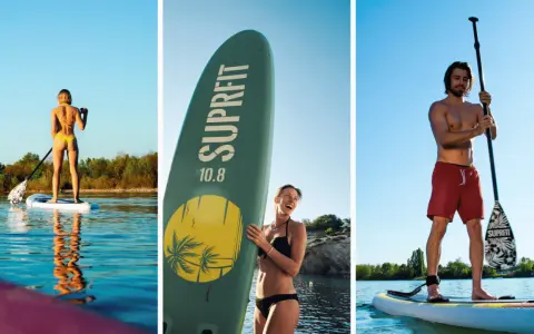 Frauen und Männer genießen SUP-Geschwindigkeit auf dem Wasser. Ein Mann mit roter Badehose und eine Frau im Bikini auf ihren Boards.