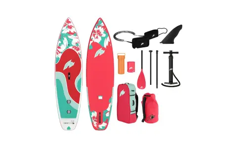 Zwei SUP-Boards mit Blumenmuster, Paddel, Pumpe, Leine und Taschen. Ob Doppelkammer oder nicht, dieses Set ist bereit für das Wasser!
