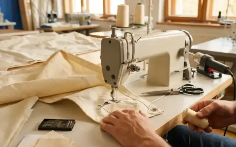Hände arbeiten an einer Nähmaschine, um ein Segel auszubessern. Nadeln, Schere und Garn liegen bereit.