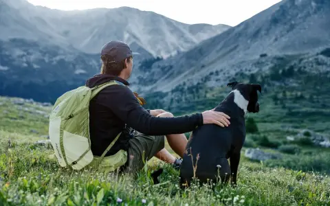 Mann mit Hund und Rucksack in den Bergen. Nach einer Wanderung ist der Rucksack reinigen eine gute Idee, bevor es weitergeht.