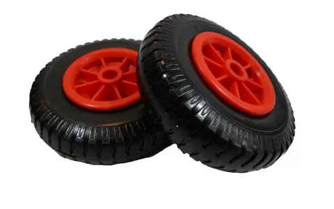 Zwei Räder mit roten Felgen und schwarzen Reifen, ideal für einen sup board trolley.