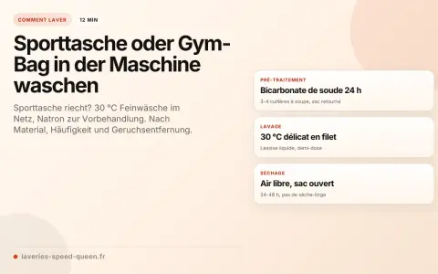 Anleitung zum Sporttasche waschen: Feinwäsche bei 30°C, Natron zur Vorbehandlung, dann lufttrocknen.