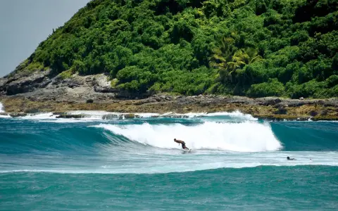 Ein Surfer reitet eine Welle vor der üppig grünen Küste von Guadeloupe. Das türkisfarbene Wasser und die felsige Küstenlinie bieten die perfekte Kulisse für das Surfen.