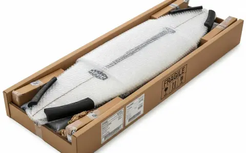 Ein weißes Surfbrett, sicher verpackt in Luftpolsterfolie und einem Karton, bereit zum Surfbrett versenden. Der Karton ist mit "FRAGILE" gekennzeichnet.
