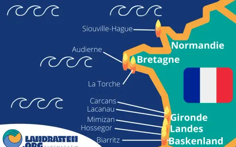 Surfspots Frankreich Karte: Normandie, Bretagne & Baskenland mit Hotspots wie Siouville, Audierne, La Torche, Hossegor & Biarritz.