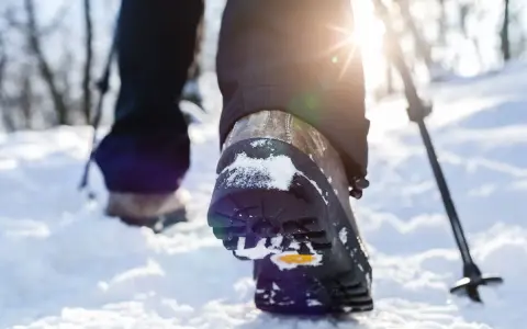 Schneeschuhwandern Schuhe mit Schnee bedeckt, während die Sonne durch die Bäume scheint. Ein Wanderstock ist im Hintergrund zu sehen.