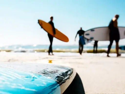 Surfer in Holland tragen ihre Boards zum Wasser. Die Sonne scheint, die Wellen brechen.