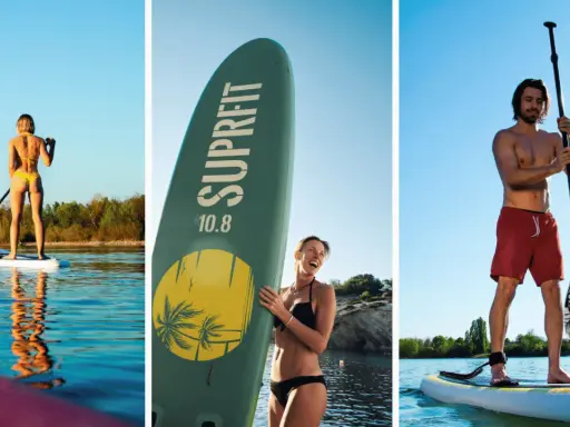 Frauen und Männer genießen SUP-Geschwindigkeit auf dem Wasser. Ein Mann mit roter Badehose und eine Frau im Bikini auf ihren Boards.