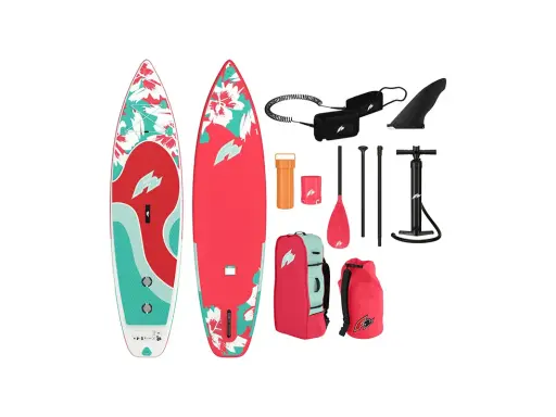 Zwei SUP-Boards mit Blumenmuster, Paddel, Pumpe, Leine und Taschen. Ob Doppelkammer oder nicht, dieses Set ist bereit für das Wasser!