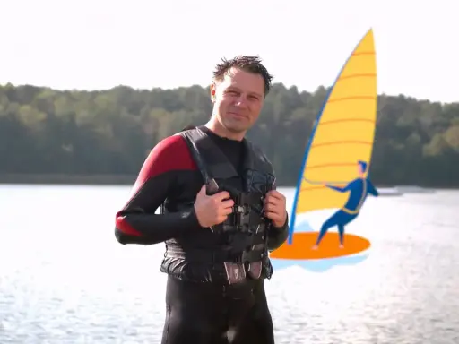 Mann in Neoprenanzug und Schwimmweste erklärt, wie funktioniert ein Neoprenanzug. Im Hintergrund eine stilisierte Windsurferin.