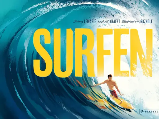 Ein junger Mann surft auf einer riesigen Welle, er ist der beste Surfer der Welt. Gelbe Schrift "SURFEN" dominiert das Bild.