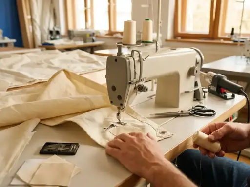 Hände arbeiten an einer Nähmaschine, um ein Segel auszubessern. Nadeln, Schere und Garn liegen bereit.