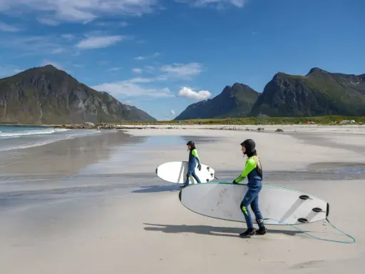 Zwei Surferinnen mit Neoprenanzügen und Surfbrettern am Strand in Norwegen. Die Berge im Hintergrund sind grün und die Wellen sind sanft.