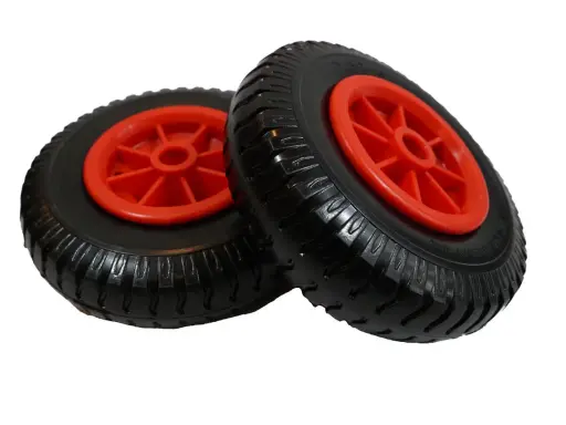 Zwei Räder mit roten Felgen und schwarzen Reifen, ideal für einen sup board trolley.