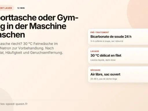 Anleitung zum Sporttasche waschen: Feinwäsche bei 30°C, Natron zur Vorbehandlung, dann lufttrocknen.