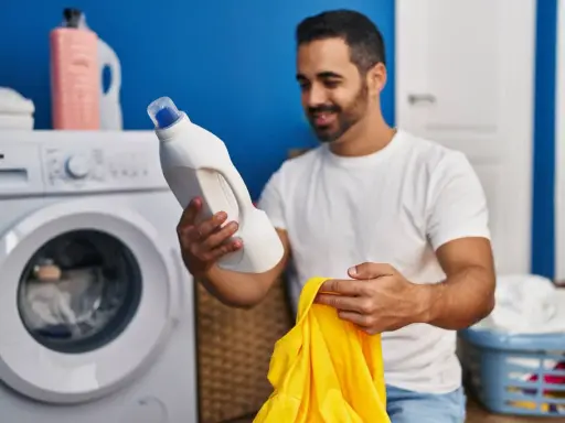 Mann hält Waschmittel und gelbes Trikot bereit, um die Wäsche zu waschen.