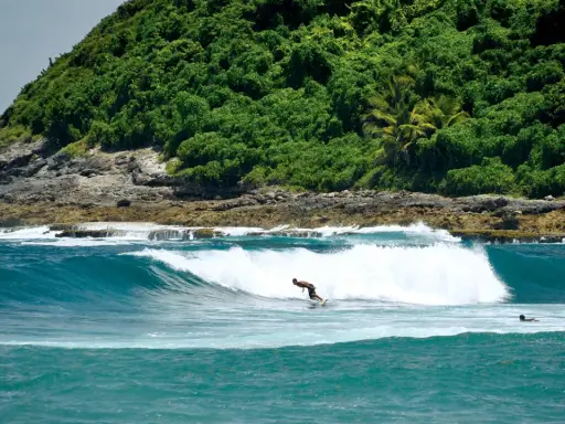 Ein Surfer reitet eine Welle vor der üppig grünen Küste von Guadeloupe. Das türkisfarbene Wasser und die felsige Küstenlinie bieten die perfekte Kulisse für das Surfen.
