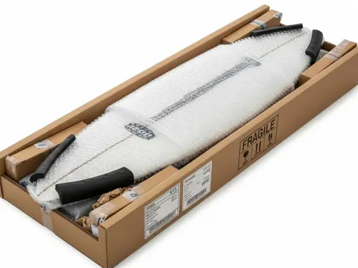 Ein weißes Surfbrett, sicher verpackt in Luftpolsterfolie und einem Karton, bereit zum Surfbrett versenden. Der Karton ist mit "FRAGILE" gekennzeichnet.
